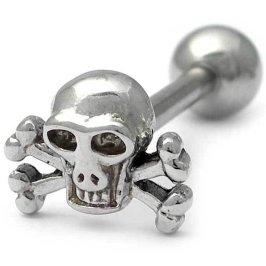Shaped Steel Tongue Bar - Skull & Crossbones