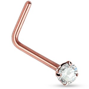 L-Shaped PVD Rose Gold Claw Set Jewel Nose Stud