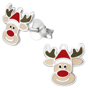 925 Sterling Silver Red Nosed Reindeer Ear Studs