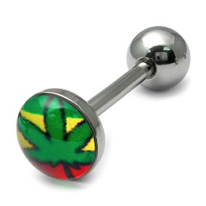 Steel Logo Tongue Bar - Rasta Hemp Leaf