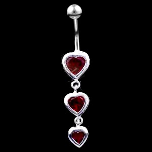 Sterling Silver Three Encased Hearts Belly Bar