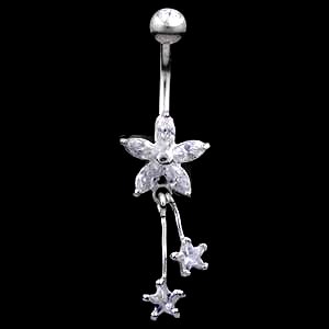Sterling Silver Starflower with Two Swinging Stars Belly Bar