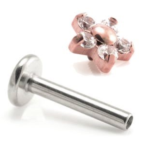 1.2mm Gauge Titanium PVD Rose Gold Jewelled 5-Petal Flower Labret - Internally-Threaded