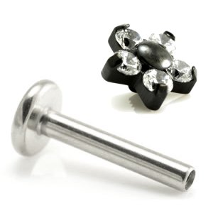 1.2mm Gauge Titanium PVD Black Jewelled 5-Petal Flower Labret - Internally-Threaded