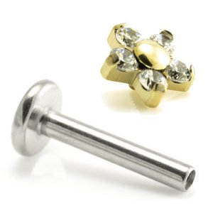 1.2mm Gauge Titanium PVD Gold Jewelled 5-Petal Flower Labret - Internally-Threaded