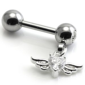 Dangly Ear Bar - Small Jewelled Heart with Wings