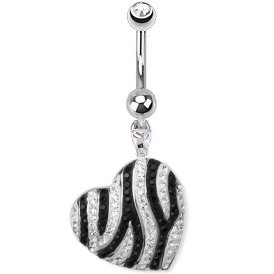 Sterling Silver Stripey Jewelled Heart Belly Bar