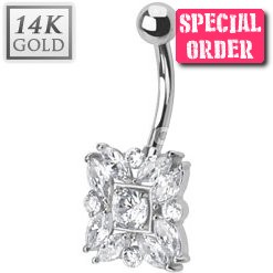 14ct White Gold Marquise Belly Bar