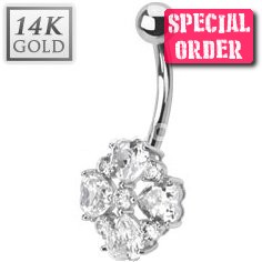 14ct White Gold Heart Petals Flower Belly Bar