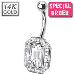 14ct White Gold Princess Cut Belly Bar