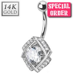14ct White Gold Cubic Zirconia Belly Bar