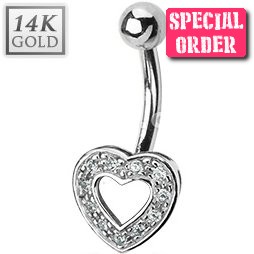 14ct White Gold Heart Belly Bar