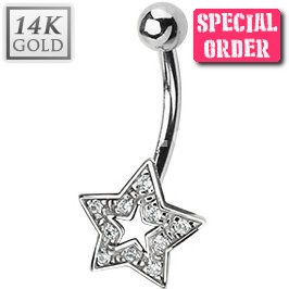 14ct White Gold Jewelled Star Belly Bar