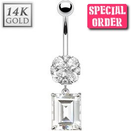 14ct White Gold Princess Cut Dropper Belly Bar