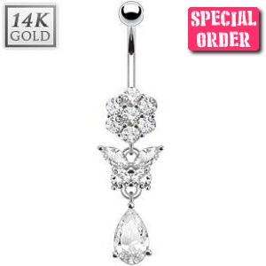 14ct White Gold Flower Butterfly Belly Bar