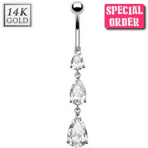 14ct White Gold Triple Teardrops Belly Bar