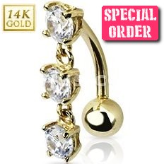 14ct Gold Reverse Triple Gem Dangly Belly Bar