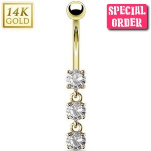 14ct Gold Triple Gem Dropper Belly Bar