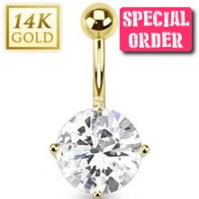 14ct Gold Round Cubic Zirconia Belly Bar