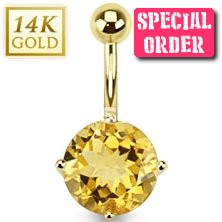 14ct Gold Round Citrine Belly Bar