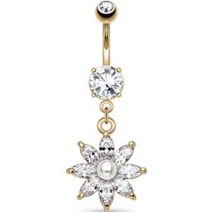 Gold-Plated Jewelled Flower with Pearl Belly Bar