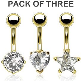Pack of Three Gold-Plated Jewelled Belly Bars